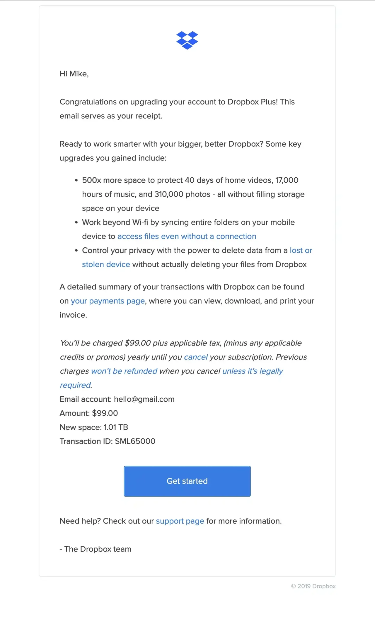 Dropbox trial upgrade